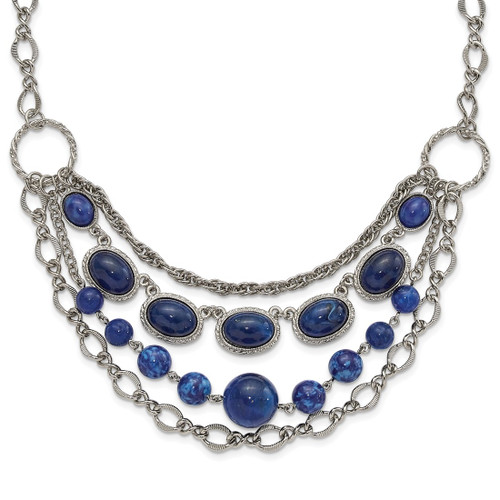 1928 Jewelry Silver-Tone Textured Link Blue Glass Beads Graduated Four Row 16 Inch Necklace with 3 Inch Extension