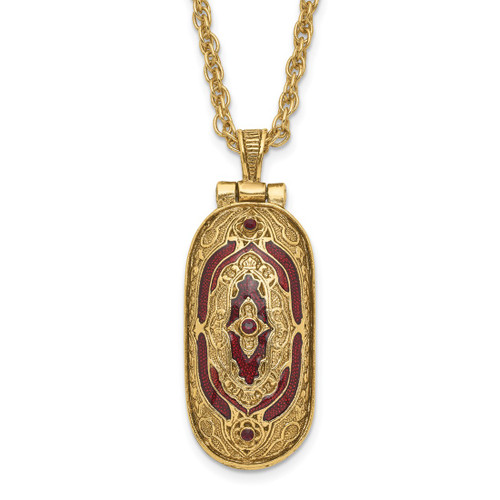 Symbols of Faith Gold-Tone Filigree Red Enameled with Red Swarovski Crystal Accent Hidden Cross When Opened 30 Inch Necklace