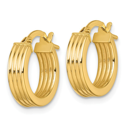 10K Yellow Gold Hollow Polished and Grooved 4.00 x 15 mm Tube Hoop Earrings, 15.75 mm Long - View 2