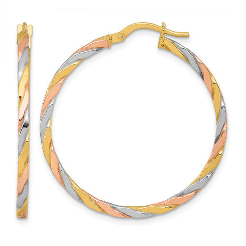 10K Yellow Gold Hollow with Rose and White Rhodium Polished Twisted 2.00 x 34 mm Tube Hoop Earrings, 35 mm Long