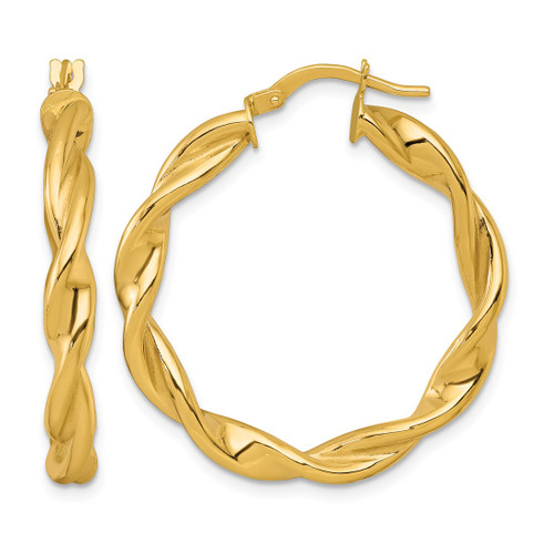 10K Yellow Gold Hollow Polished Twisted 4.00 x 32 mm Tube Hoop Earrings