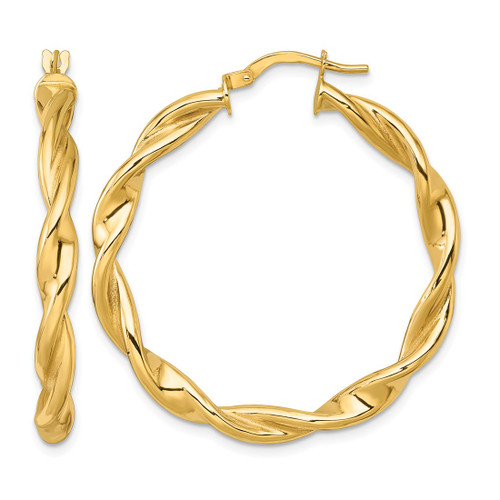 10K Yellow Gold Hollow Polished Twisted 4.00 x 38 mm Tube Hoop Earrings