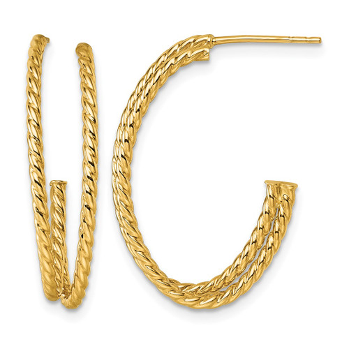10K Yellow Gold Hollow Polished Double Strand Twisted J-Hoop Post Earrings, 27 mm