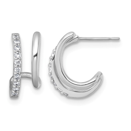 Rhodium-Plated 10K White Gold Hollow Polished Cubic Zirconia Fancy Double J-Hoop Post Drop Earrings, 13.5 mm