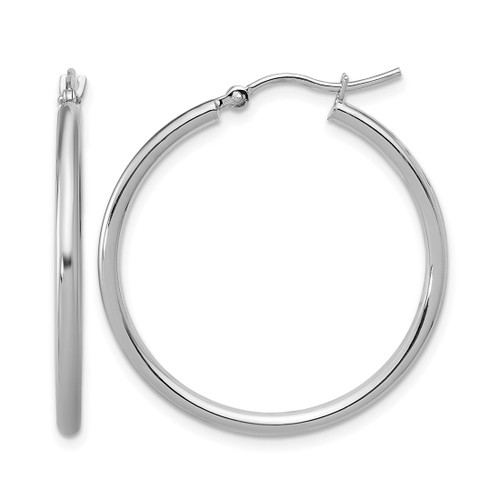 Rhodium-Plated 10K White Gold Hollow Polished Hinged Hoop Earrings, 30 mm, 2 mm Wide