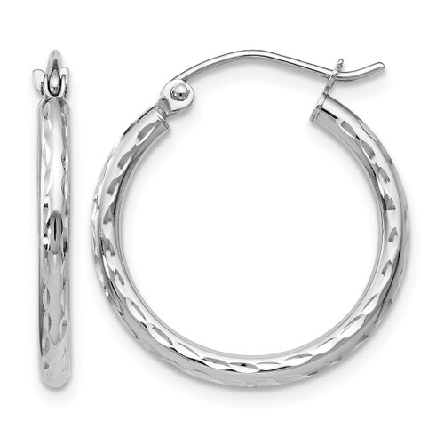 Rhodium-Plated 10K White Gold Hollow Diamond-Cut Hinged Hoop Earrings, 20 mm
