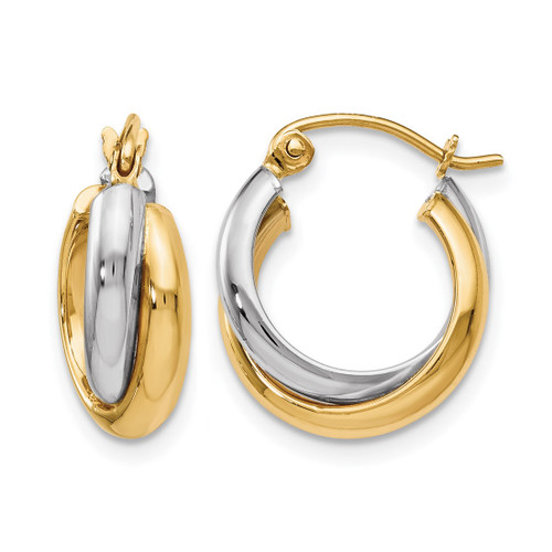 Rhodium-Plated 10K Two-Tone Gold Hollow Polished Hinged Hoop Earrings, 14 mm