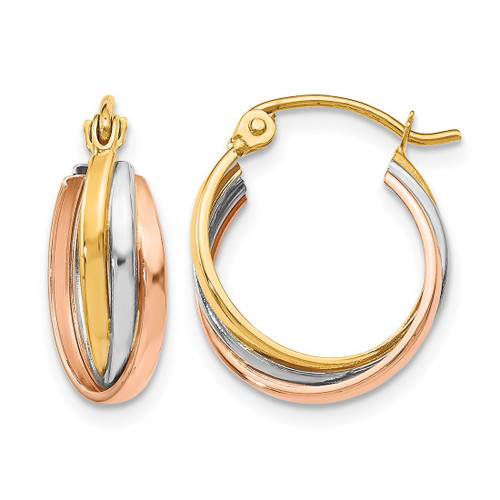 10K Tri-Color Gold Hollow Polished Hinged Hoop Earrings, 22 mm