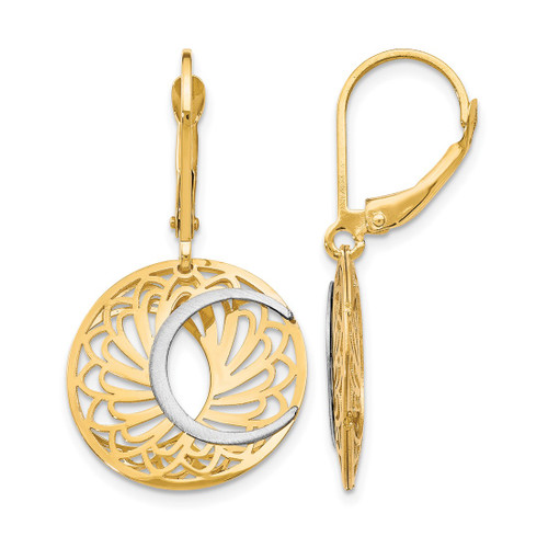 Rhodium-Plated 10K Two-Tone Gold Polished and Satin Leverback Drop Earrings, 30 mm