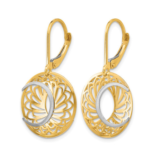 Rhodium-Plated 10K Two-Tone Gold Polished and Satin Leverback Drop Earrings, 30 mm - View 2