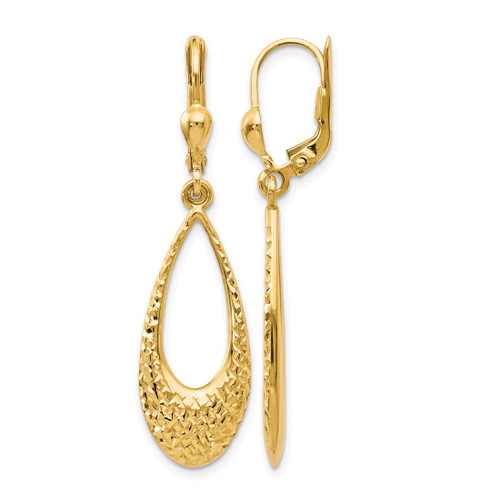 10K Yellow Gold Hollow Polished and Diamond-Cut Leverback Drop Earrings, 43 mm