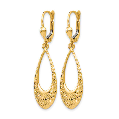 10K Yellow Gold Hollow Polished and Diamond-Cut Leverback Drop Earrings, 43 mm - View 2