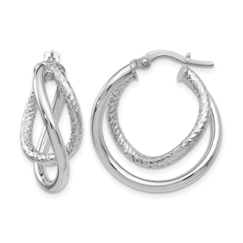 Rhodium-Plated 10K White Gold Hollow Polished and Textured Fancy Hoop Earrings, 23 mm