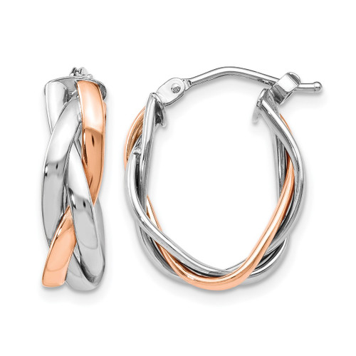 10K Yellow Gold Hollow with White Rhodium-Plated and Rose Gold Plating Braided Hoop Earrings, 21 mm