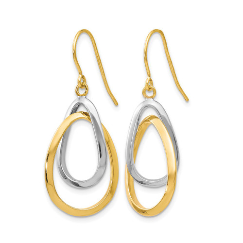 Rhodium-Plated 10K Two-Tone Gold Hollow Polished Shepherd Hook Dangle French Wire Earrings, 33 mm - View 2