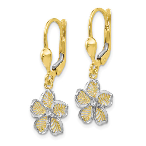 10K Yellow Gold Rhodium-Plated Polished Diamond-Cut Filigree Flower Leverback Drop Earrings, 20.75 mm - View 2