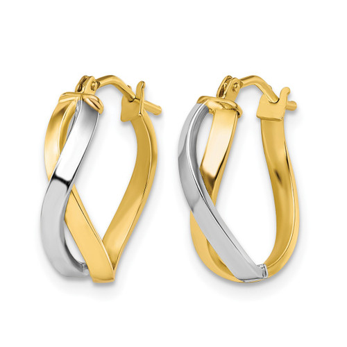 10K Yellow Gold Hollow with Rhodium-Plated Polished Twisted Hoop Earrings, 18 mm - View 2