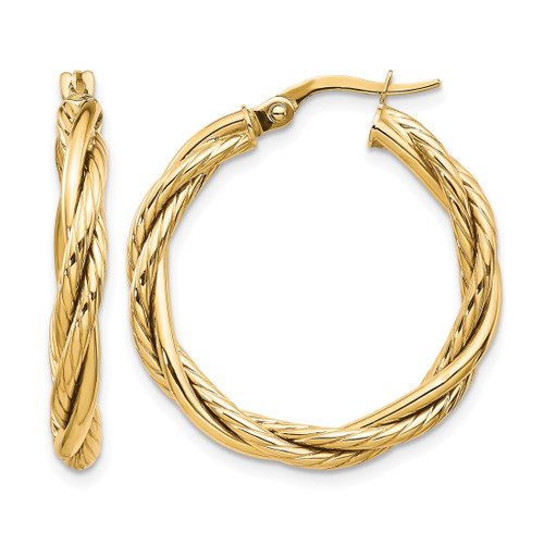 10K Yellow Gold Hollow Polished Twisted Hoop Earrings, 27 mm - 10LE492