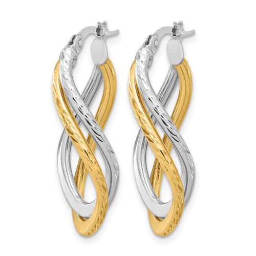 10K Yellow Gold with Rhodium Polished and Diamond-Cut Twist Hoop Earrings, 29 mm - View 2