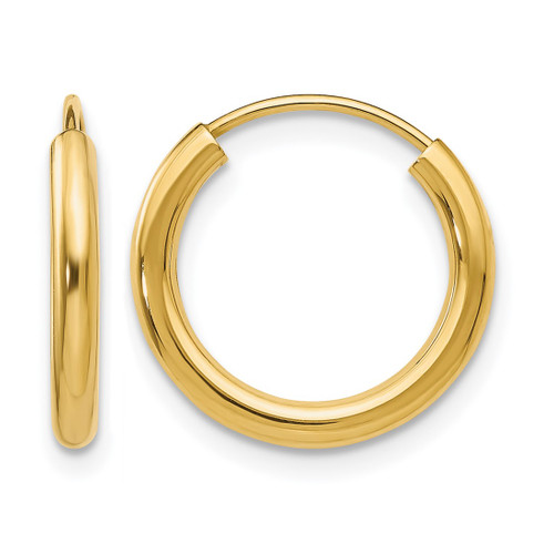 10K Yellow Gold Polished Round Endless 2 mm Hoop Earrings, 15 mm Long