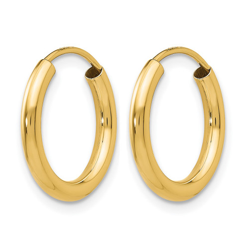 10K Yellow Gold Polished Round Endless 2 mm Hoop Earrings, 15 mm Long - View 2
