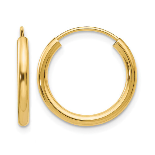 10K Yellow Gold Polished Round Endless 2 mm Hoop Earrings, 17 mm Long