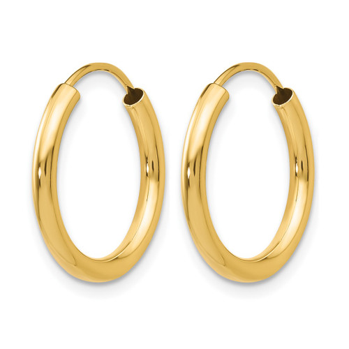 10K Yellow Gold Polished Round Endless 2 mm Hoop Earrings, 17 mm Long - View 2