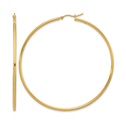 10K Yellow Gold Polished 2 x 65 mm Lightweight Tube Hoop Earrings