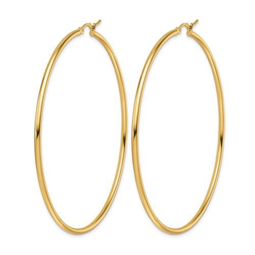 10K Yellow Gold Polished 2 x 65 mm Lightweight Tube Hoop Earrings - View 2