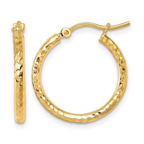 10K Yellow Gold Hollow Diamond-Cut 2 mm Round Tube Hoop Earrings, 20 mm Long