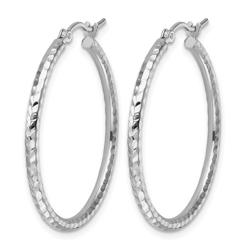 Rhodium-Plated 10K White Gold Hollow Diamond-Cut 2 mm Round Tube Hoop Earrings, 30 mm Long - View 2