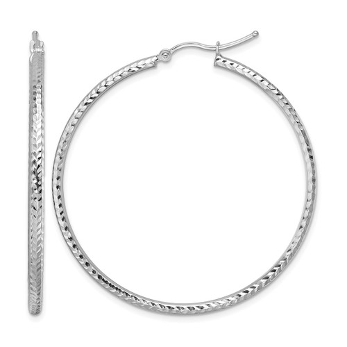 Rhodium-Plated 10K White Gold Hollow Diamond-Cut 2 mm Round Tube Hoop Earrings, 45 mm Long