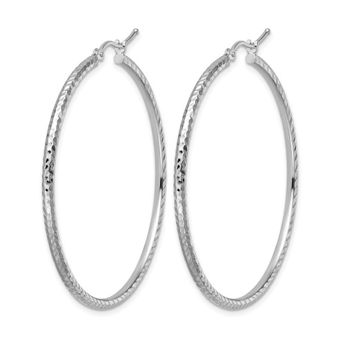 Rhodium-Plated 10K White Gold Hollow Diamond-Cut 2 mm Round Tube Hoop Earrings, 45 mm Long - View 2