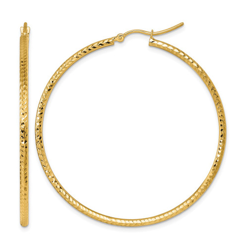 10K Yellow Gold Hollow Diamond-Cut 2 mm Round Tube Hoop Earrings, 50 mm Long