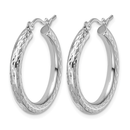 Rhodium-Plated 10K White Gold Hollow Diamond-Cut 3 mm Round Hoop Earrings, 25 mm Long - View 2
