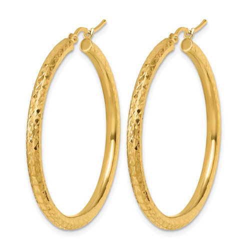 10K Yellow Gold Hollow Diamond-Cut 3 mm Round Hoop Earrings, 40 mm Long - View 2