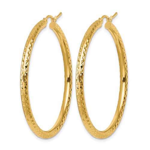 10K Yellow Gold Hollow Diamond-Cut 3 mm Round Hoop Earrings, 45 mm Long - View 2