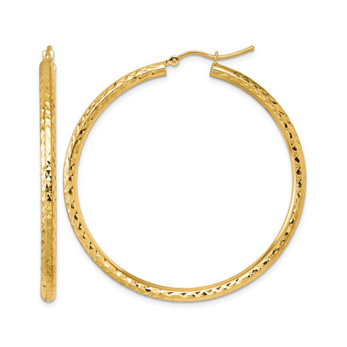 10K Yellow Gold Hollow Diamond-Cut 3 mm Round Hoop Earrings, 50 mm Long