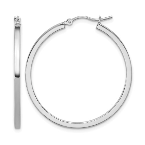Rhodium-Plated 10K White Gold Hollow 2 mm Square Tube Hoop Earrings, 35 mm Long