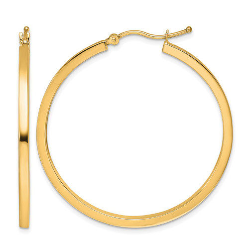 10K Yellow Gold Hollow 2 mm Square Tube Hoop Earrings, 40 mm Long