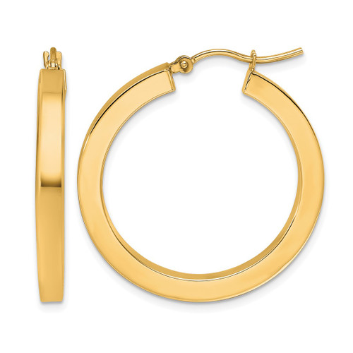 10K Yellow Gold Hollow 3 mm Polished Square Hoop Earrings, 30 mm Long