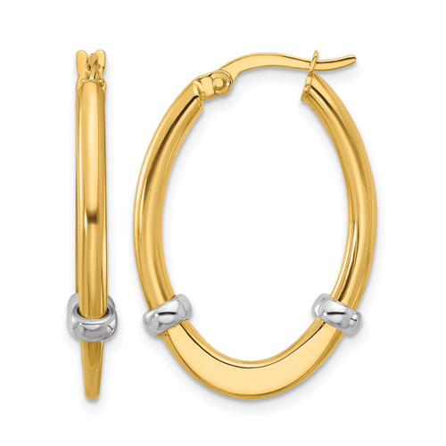 Rhodium-Plated 10K Two-Tone Gold Hollow Polished Oval Hoop Earrings, 29 mm
