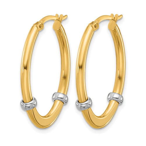 Rhodium-Plated 10K Two-Tone Gold Hollow Polished Oval Hoop Earrings, 29 mm - View 2