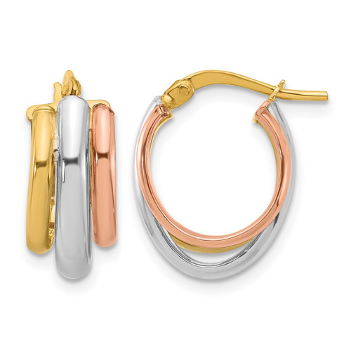 10K Yellow Gold Hollow with White Rhodium and Rose Gold Plating Polished 3 Row Oval Hoop Earrings, 18 mm