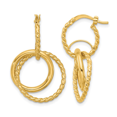 10K Yellow Gold Hollow Polished and Twisted Dangle Circles Hoop Drop Earrings, 31.6 mm
