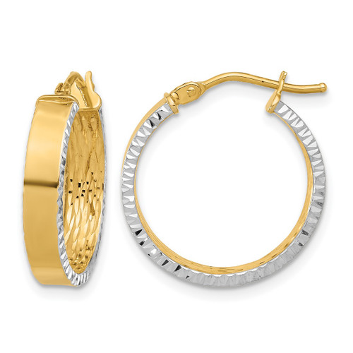 10K Yellow Gold with White Rhodium Polished and Diamond-Cut Hoop Earrings, 20 mm - 10LE614