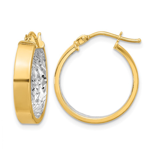 10K Yellow Gold with White Rhodium Polished and Diamond-Cut Hoop Earrings, 20 mm - 10LE615