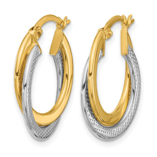 10K Yellow Gold Hollow with Rhodium Polished and Textured Fancy Hoop Earrings, 20.25 mm - View 2
