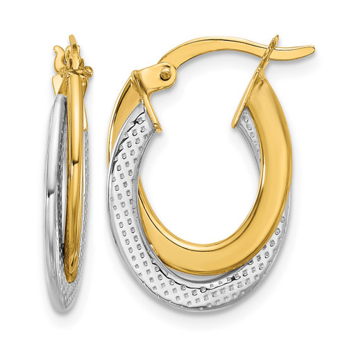 10K Yellow Gold Hollow with Rhodium Polished and Textured Fancy Hoop Earrings, 19 mm
