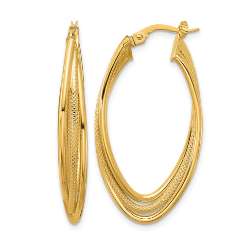 10K Yellow Gold Hollow Polished and Textured Triple Oval Twist Hoop Earrings, 34.75 mm
